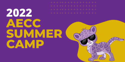2022 AECC Summer Camp graphic with a baby cougar wearing sunglasses