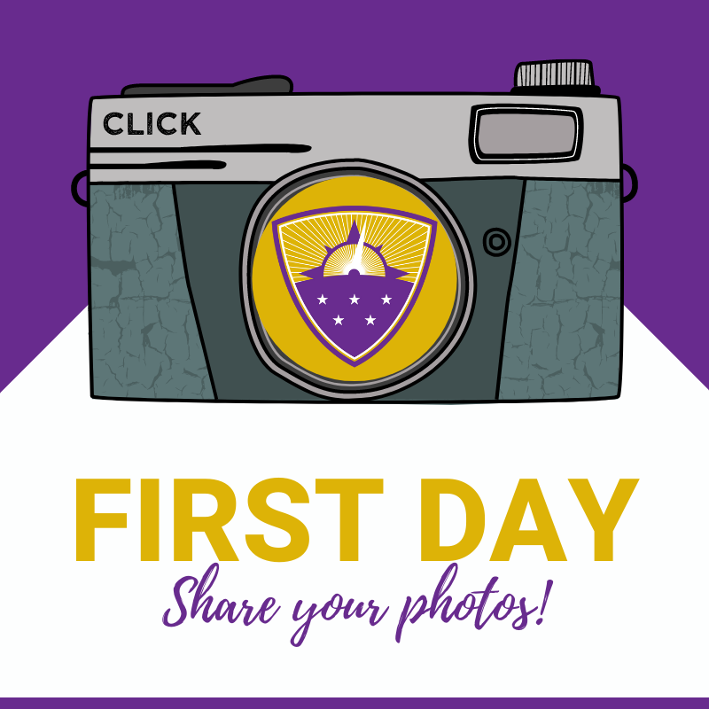 Graphic of a camera with text that reads First Day - Share your photos 